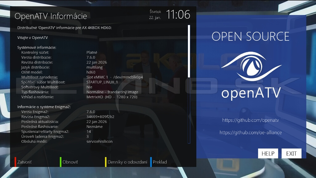 Systemové informácie Enigma2 OpenATV 7.6 Opticum AX 4K HD60