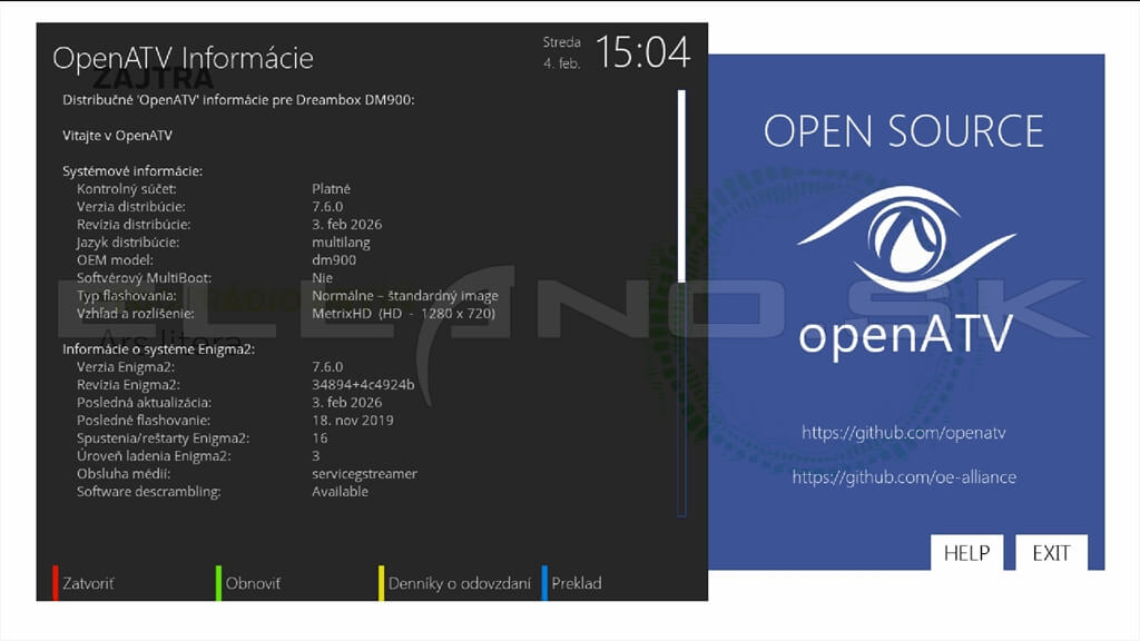 Systemové informácie Enigma2 OpenATV 7.6 Dreambox DM900