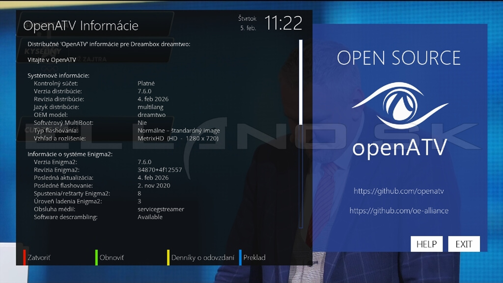 Systemové informácie Enigma2 OpenATV 7.6 Dreambox TWO 4K