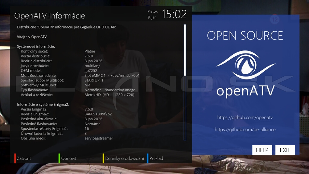 Systemové informácie Enigma2 OpenATV 7.6 Gigablue UHD UE 4K