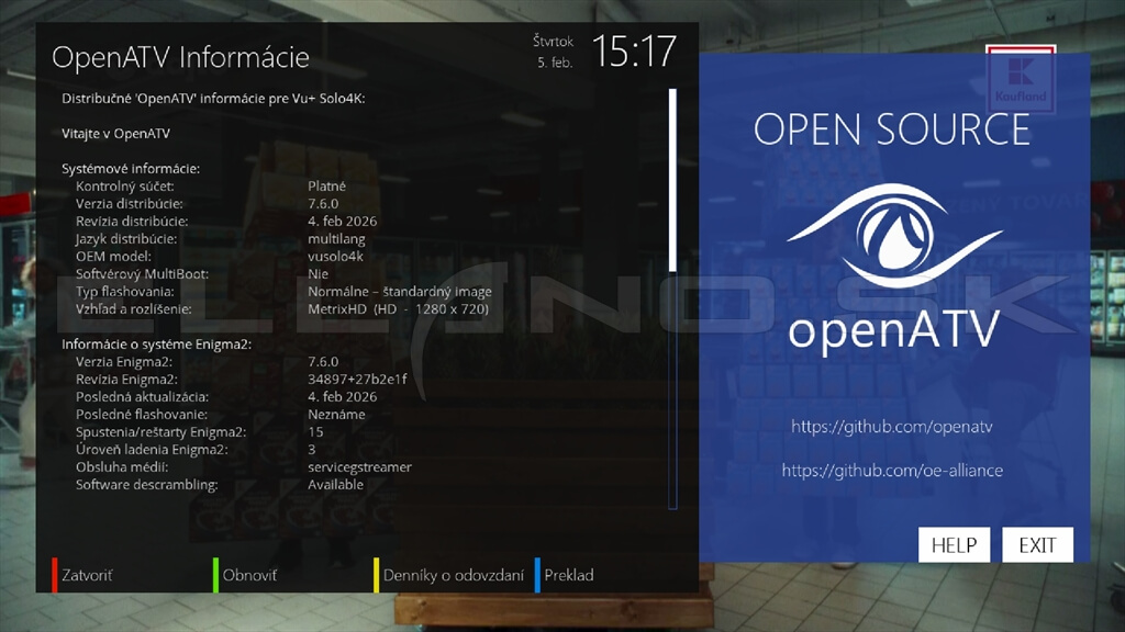 Systemové informácie Enigma2 OpenATV 7.6 VU+ Solo 4K