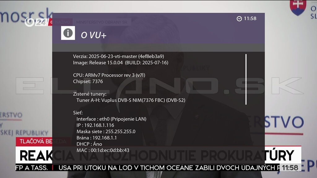 Systemové informácie Enigma2 VTI 15.0.04 VU+ Solo 4K