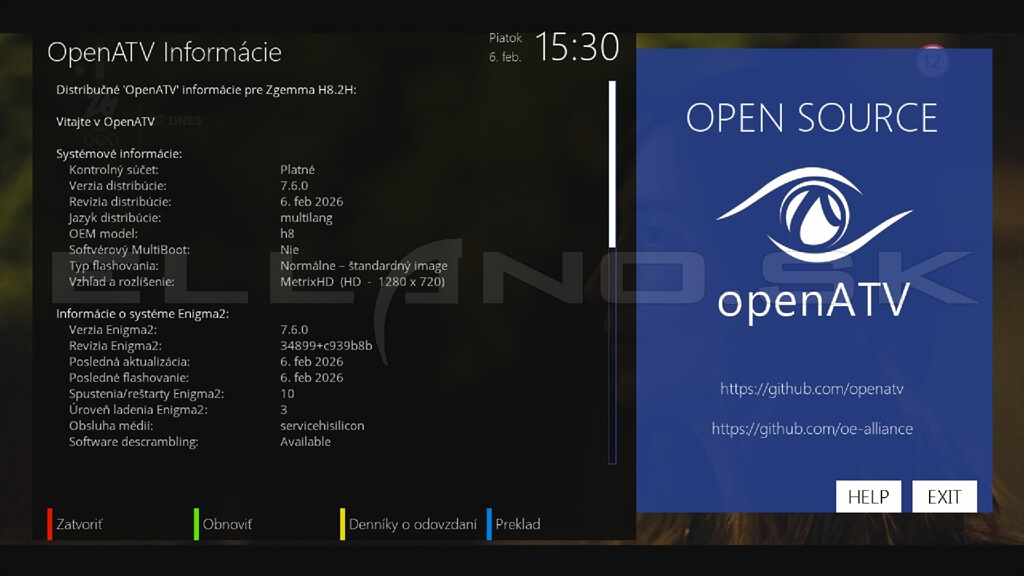 Systemové informácie Enigma2 OpenATV 7.6 Zgemma H8.2H